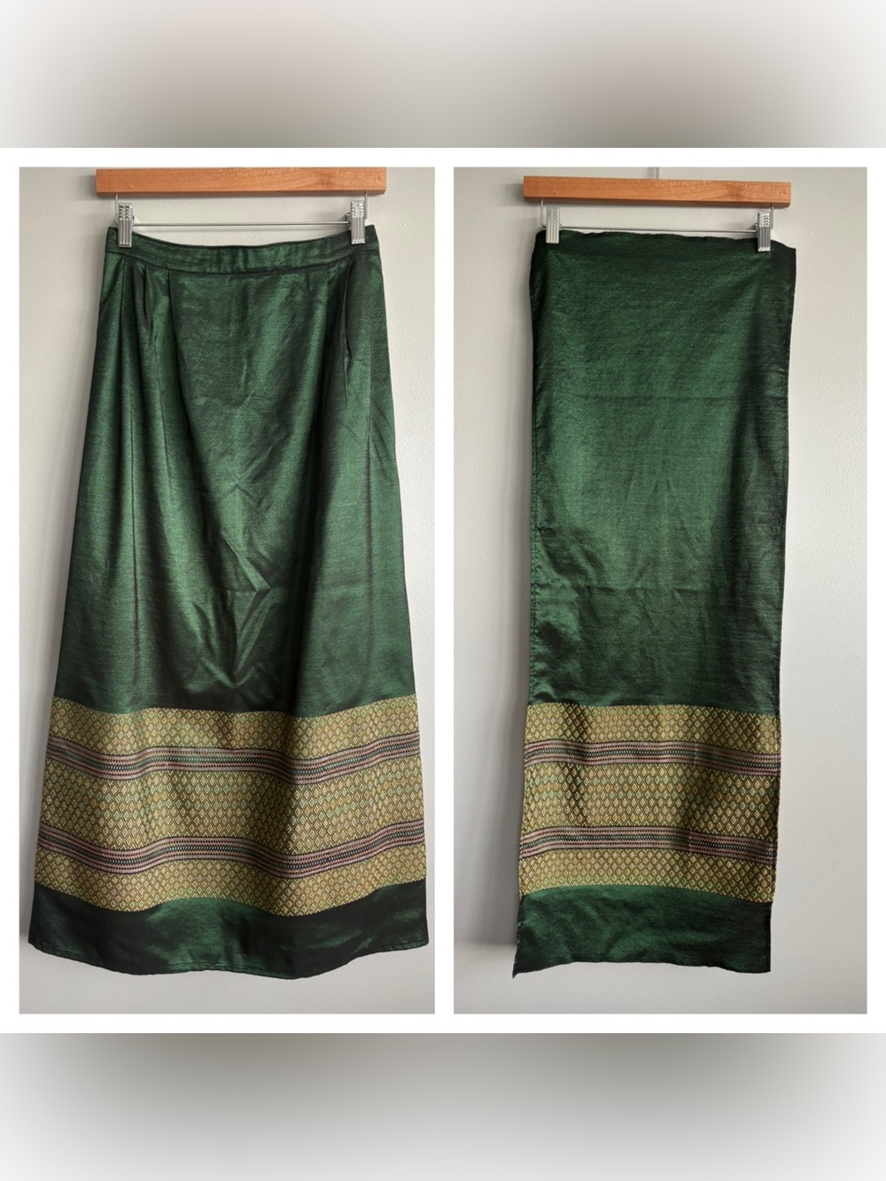 Green & Gold Traditional Thai Long Skirt & Shoulder Scarf Sz XXS (Sinh & Sabai)